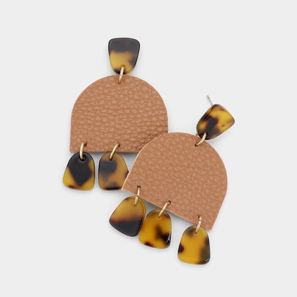 NEW Faux Leather Boho Tan Tortoise Brown Small Earrings - Picture 1 of 8